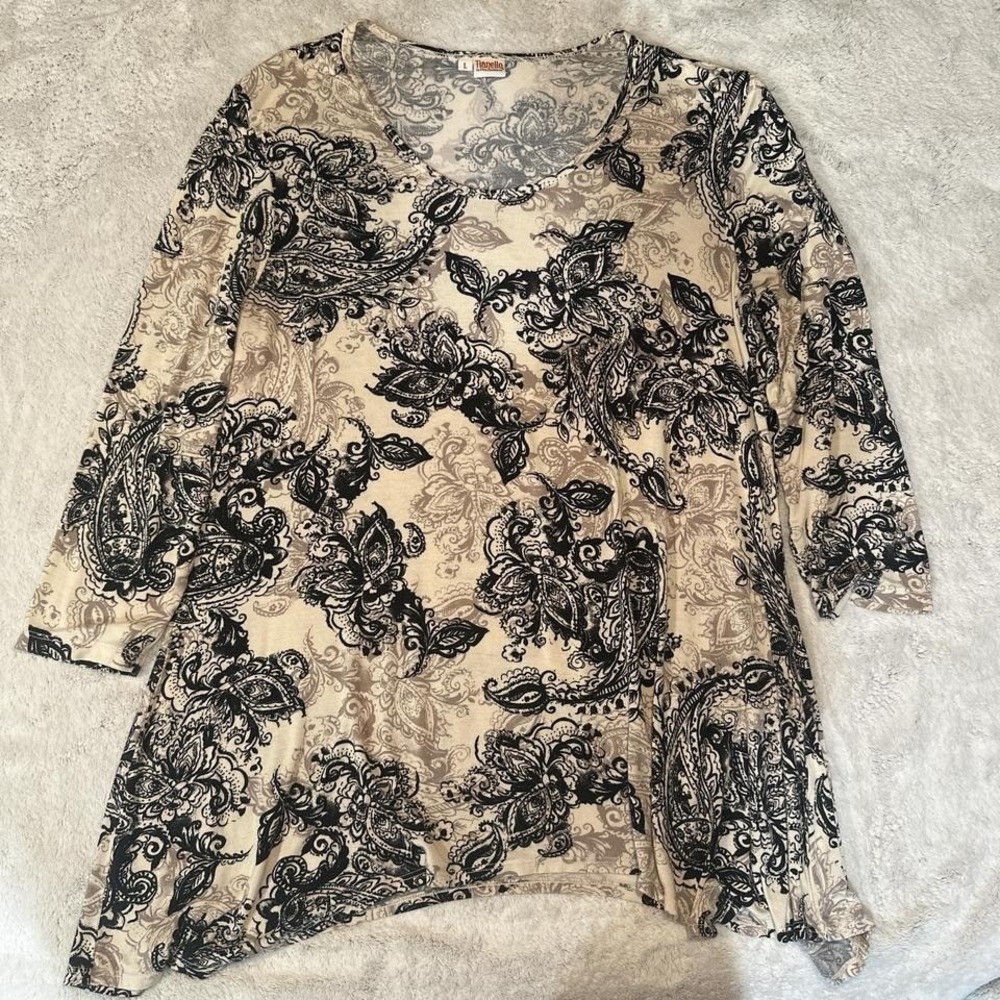 Tianello Womens Art To Wear Tunic Top  Black Ivory Neutral Slinky Swing LARGE - Picture 4 of 8